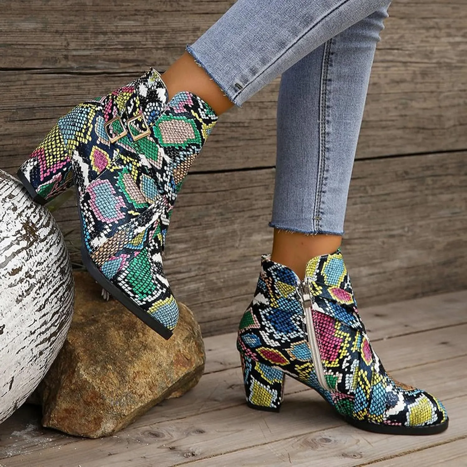 Women's Ankle Boots - Low Heeled Booties for Women Fashion Closed Toe Multi Buckle Ankle Bootie Chunky Block Heel Side Zipper Slip On Short Booties Vintage Snakeskin Chelsea Boots
