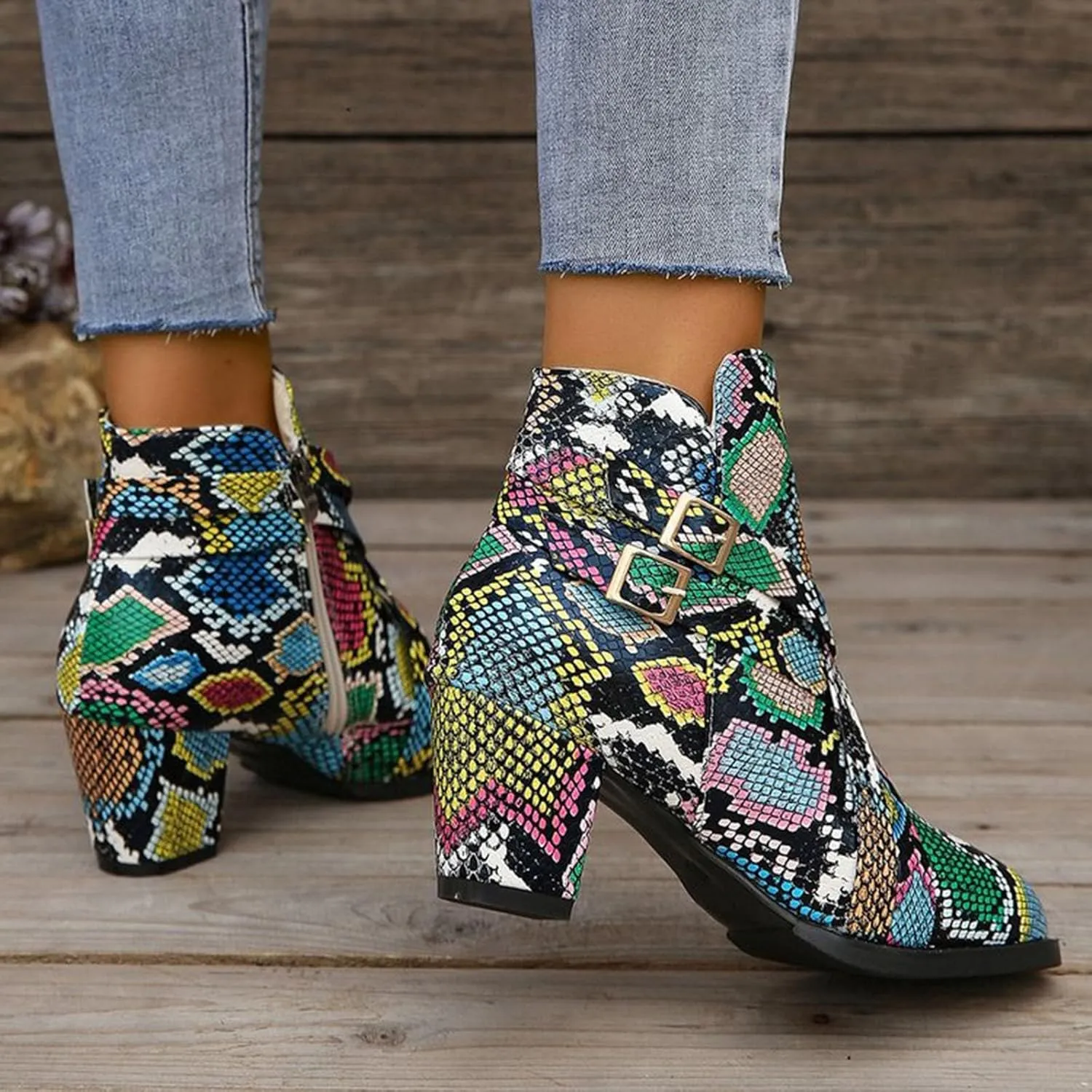 Women's Ankle Boots - Low Heeled Booties for Women Fashion Closed Toe Multi Buckle Ankle Bootie Chunky Block Heel Side Zipper Slip On Short Booties Vintage Snakeskin Chelsea Boots