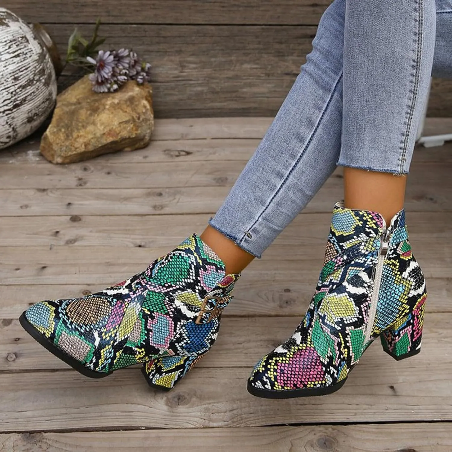 Women's Ankle Boots - Low Heeled Booties for Women Fashion Closed Toe Multi Buckle Ankle Bootie Chunky Block Heel Side Zipper Slip On Short Booties Vintage Snakeskin Chelsea Boots