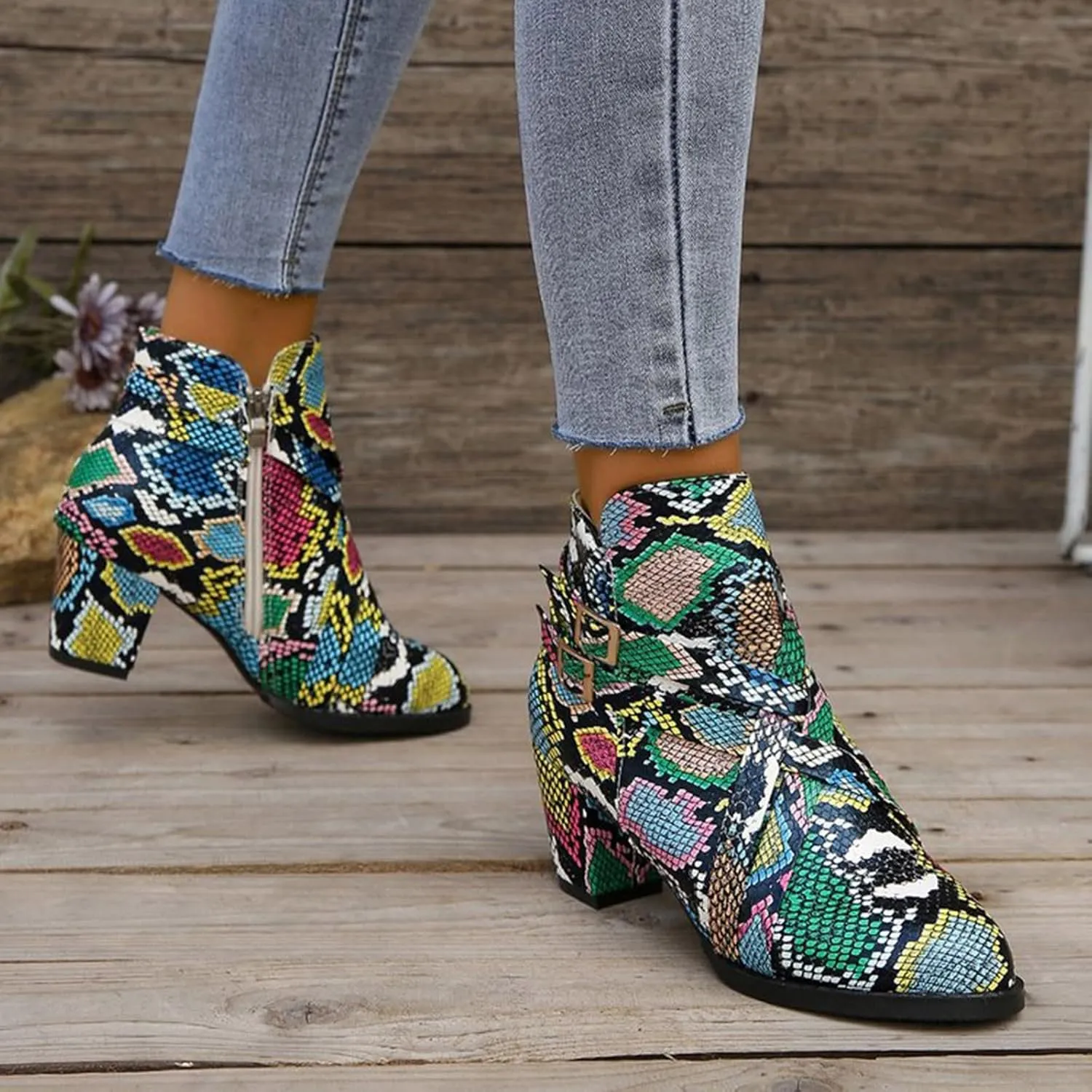 Women's Ankle Boots - Low Heeled Booties for Women Fashion Closed Toe Multi Buckle Ankle Bootie Chunky Block Heel Side Zipper Slip On Short Booties Vintage Snakeskin Chelsea Boots