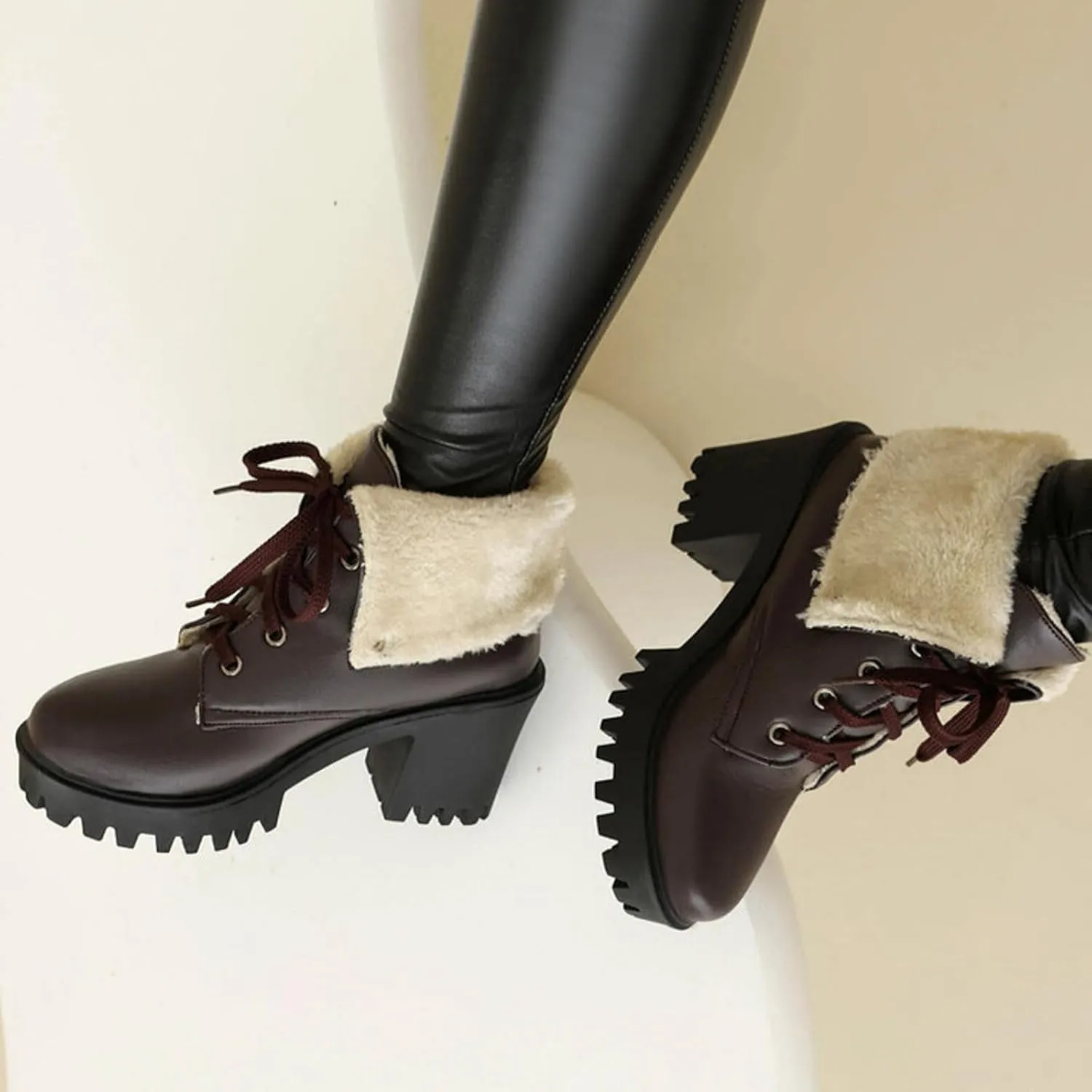Women's Ankle Boots Slip On Platform Boots,Platform Boots for Women Heeled Combat Boots Chunky Heel Booties Round Toe Lace Up High Heel Ankle Boots Warm Fur Lined Winter Shoes for Party Work