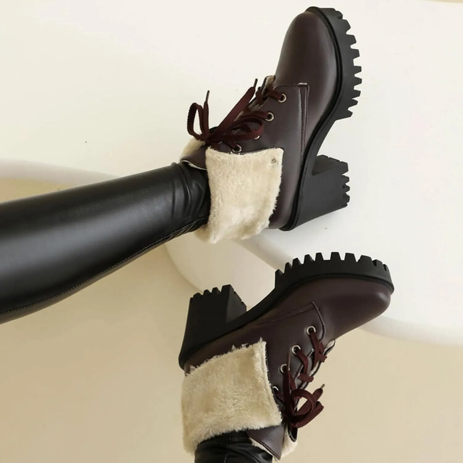 Women's Ankle Boots Slip On Platform Boots,Platform Boots for Women Heeled Combat Boots Chunky Heel Booties Round Toe Lace Up High Heel Ankle Boots Warm Fur Lined Winter Shoes for Party Work