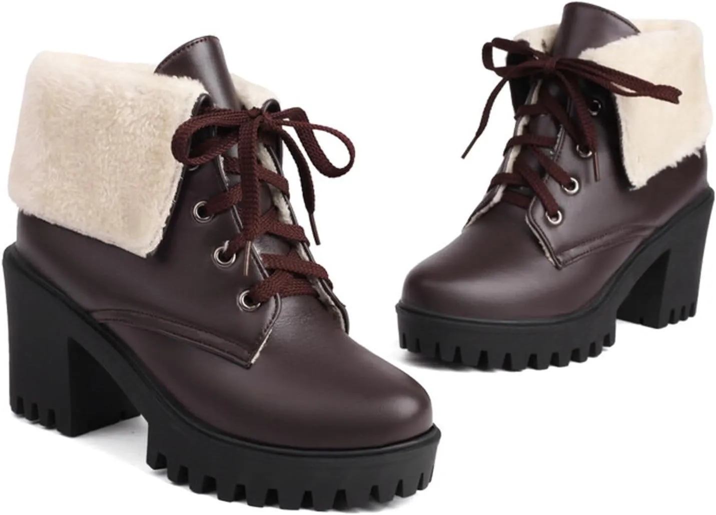 Women's Ankle Boots Slip On Platform Boots,Platform Boots for Women Heeled Combat Boots Chunky Heel Booties Round Toe Lace Up High Heel Ankle Boots Warm Fur Lined Winter Shoes for Party Work
