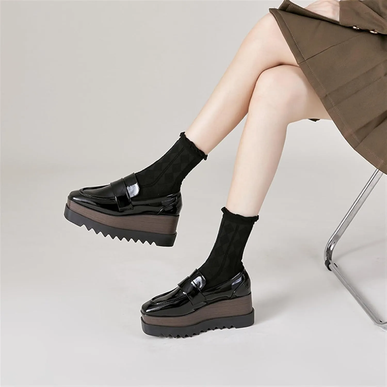 Womens British Style Oxford Shoes Chunky Heels Slip On Platform Cute Dress Wedge Loafers Shoes Casual Flat Sneakers