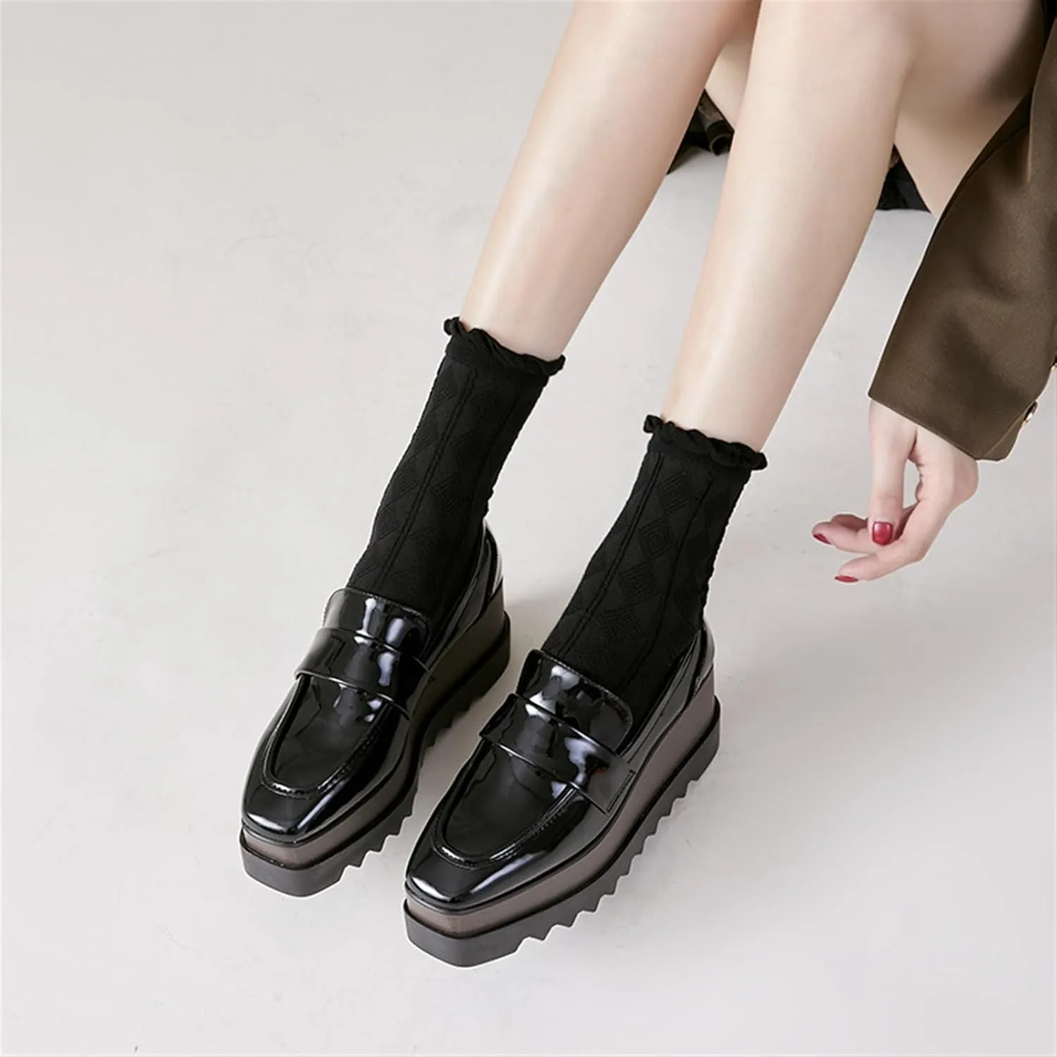Womens British Style Oxford Shoes Chunky Heels Slip On Platform Cute Dress Wedge Loafers Shoes Casual Flat Sneakers