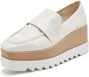 Womens British Style Oxford Shoes Chunky Heels Slip On Platform Cute Dress Wedge Loafers Shoes Casual Flat Sneakers