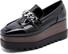 Womens British Style Oxford Shoes Chunky Heels Slip On Platform Cute Dress Wedge Loafers Shoes Casual Flat Sneakers