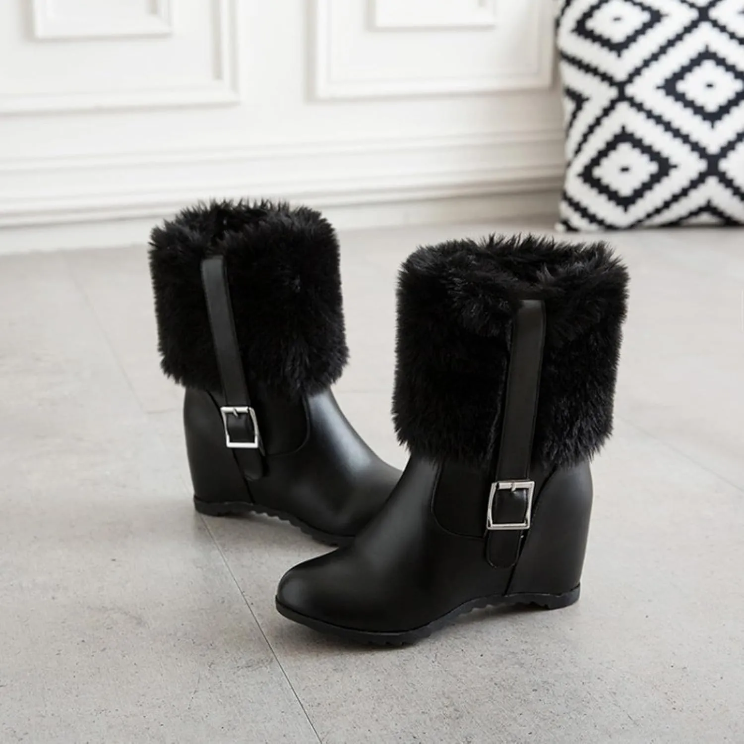 Women's Chunky Heel Ankle Boots Decoration Elevated Thick Sole Short Boots Side Zipper Short Quilted for Women