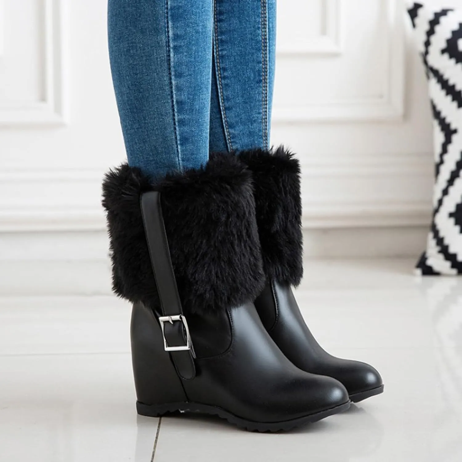 Women's Chunky Heel Ankle Boots Decoration Elevated Thick Sole Short Boots Side Zipper Short Quilted for Women