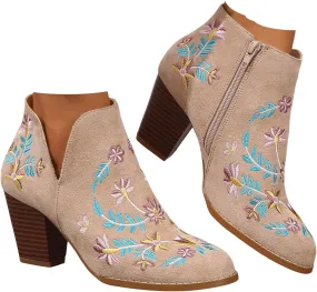 Womens Cowboy Boots Chunky Block Heel Pointed Toe Embroidery Womens Cowboy Boots Ankle Short Western Boots for Women