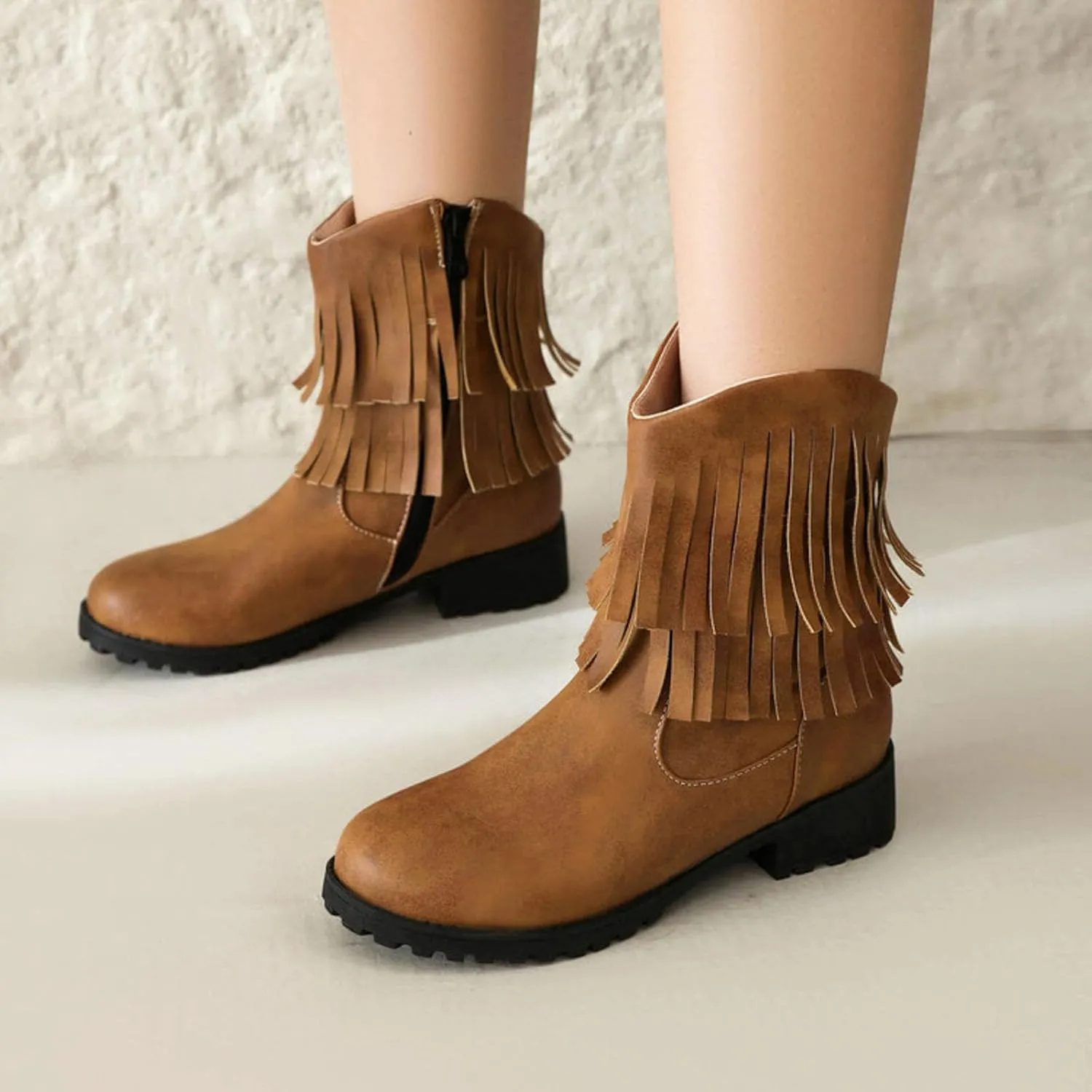 Womens Double Fringe Side Zip Boot - Casual Western Fringe Cowboy Bootie for Women Ladies Fashion Ankle Boot Round Toe Fall Booties Dress Shoes Chunky Heel Side Zipper Flat Western Booties
