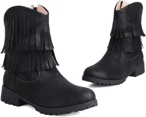 Womens Double Fringe Side Zip Boot - Casual Western Fringe Cowboy Bootie for Women Ladies Fashion Ankle Boot Round Toe Fall Booties Dress Shoes Chunky Heel Side Zipper Flat Western Booties