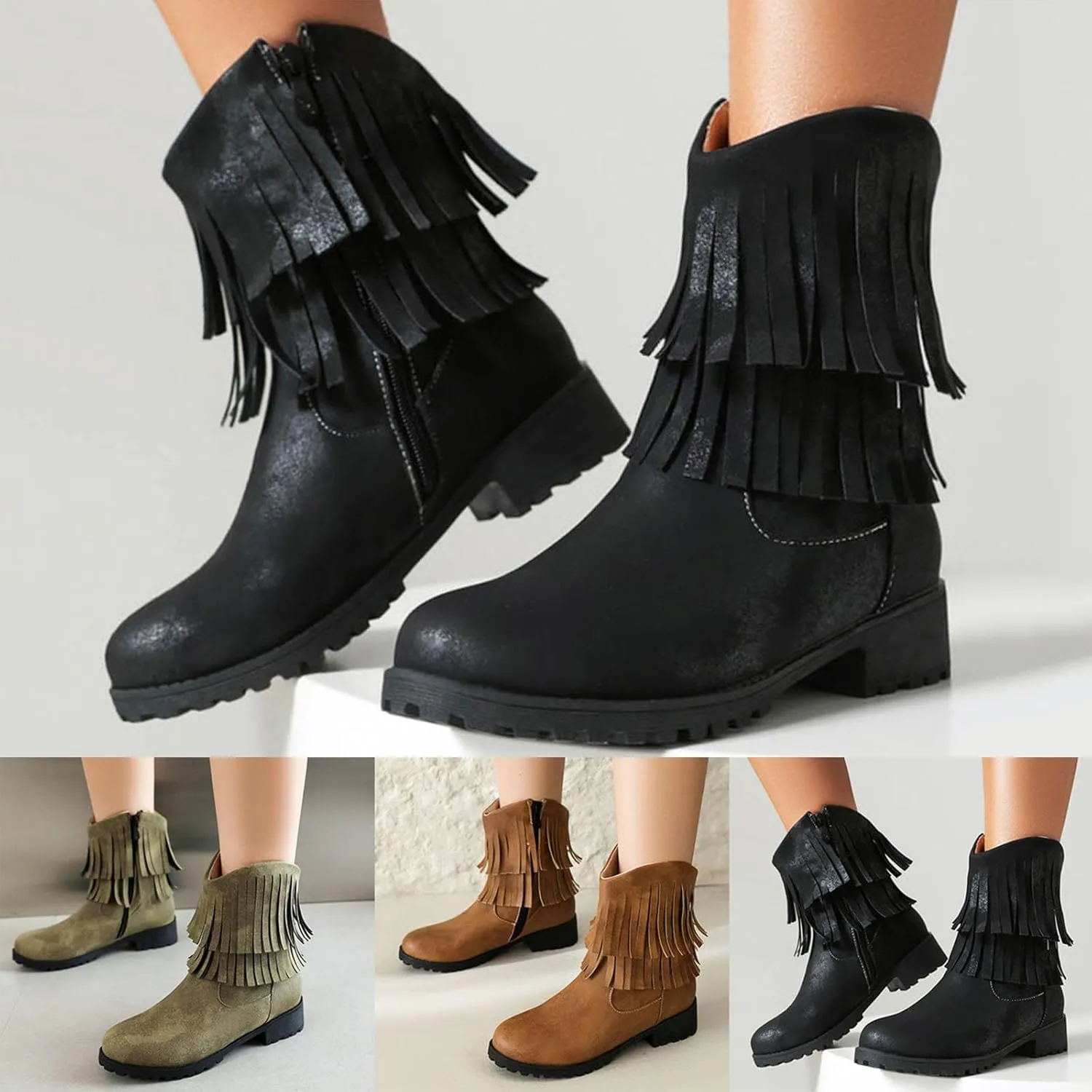 Womens Double Fringe Side Zip Boot - Casual Western Fringe Cowboy Bootie for Women Ladies Fashion Ankle Boot Round Toe Fall Booties Dress Shoes Chunky Heel Side Zipper Flat Western Booties