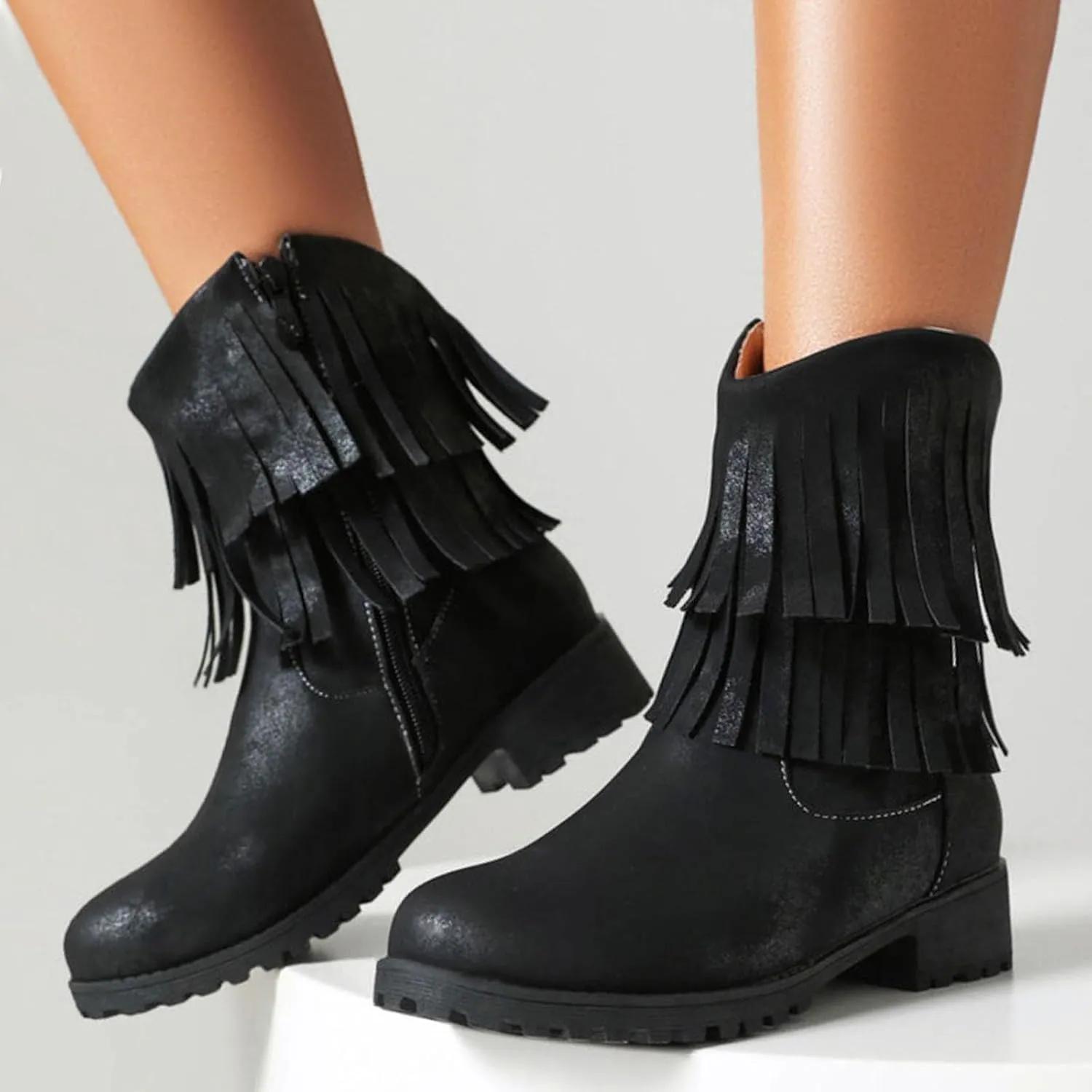 Womens Double Fringe Side Zip Boot - Casual Western Fringe Cowboy Bootie for Women Ladies Fashion Ankle Boot Round Toe Fall Booties Dress Shoes Chunky Heel Side Zipper Flat Western Booties