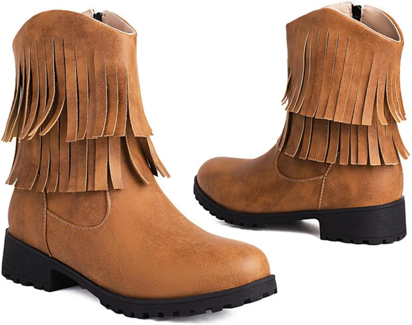 Womens Double Fringe Side Zip Boot - Casual Western Fringe Cowboy Bootie for Women Ladies Fashion Ankle Boot Round Toe Fall Booties Dress Shoes Chunky Heel Side Zipper Flat Western Booties