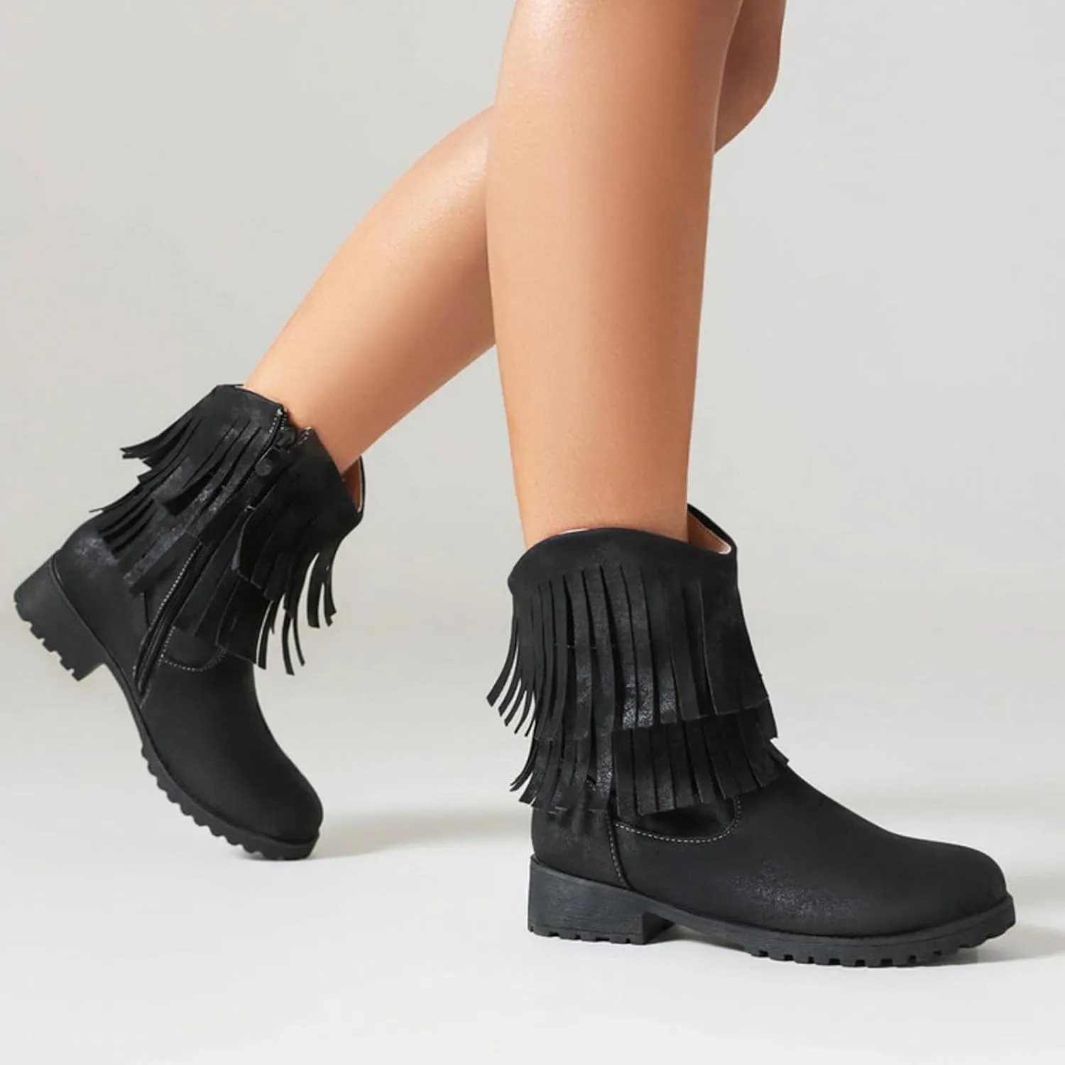 Womens Double Fringe Side Zip Boot - Casual Western Fringe Cowboy Bootie for Women Ladies Fashion Ankle Boot Round Toe Fall Booties Dress Shoes Chunky Heel Side Zipper Flat Western Booties