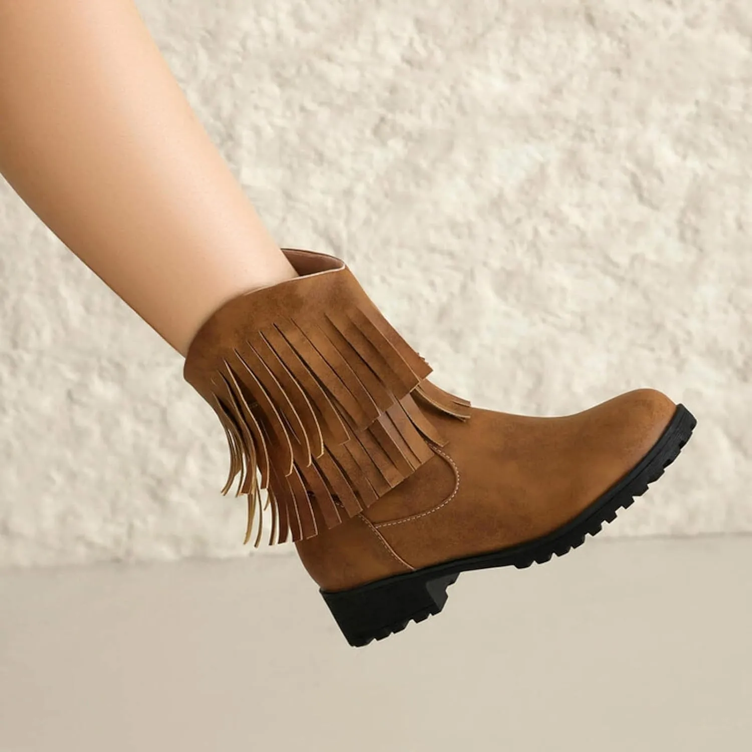 Womens Double Fringe Side Zip Boot - Casual Western Fringe Cowboy Bootie for Women Ladies Fashion Ankle Boot Round Toe Fall Booties Dress Shoes Chunky Heel Side Zipper Flat Western Booties