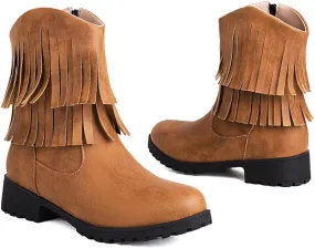 Womens Double Fringe Side Zip Boot - Casual Western Fringe Cowboy Bootie for Women Ladies Fashion Ankle Boot Round Toe Fall Booties Dress Shoes Chunky Heel Side Zipper Flat Western Booties