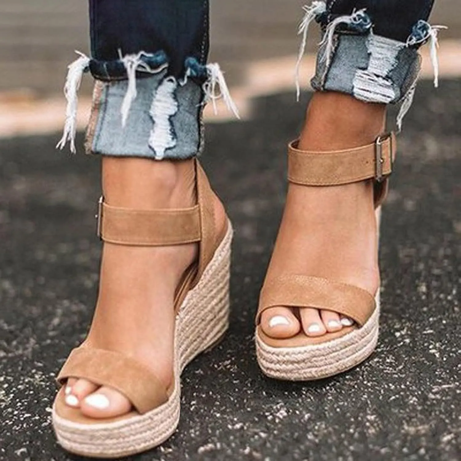 Womens Espadrille Wedge Sandals Open Toe Buckle Ankle Strap Platform Wedge Sandals Summer Beach Shoes
