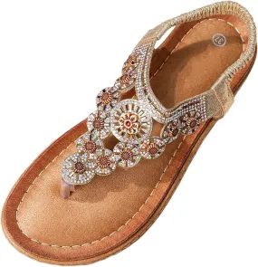 Women's Fashion Sandals Bohemian Sandals Round Toe Wedge Thong Sandals Breathable Rhinestone Sandals for Women