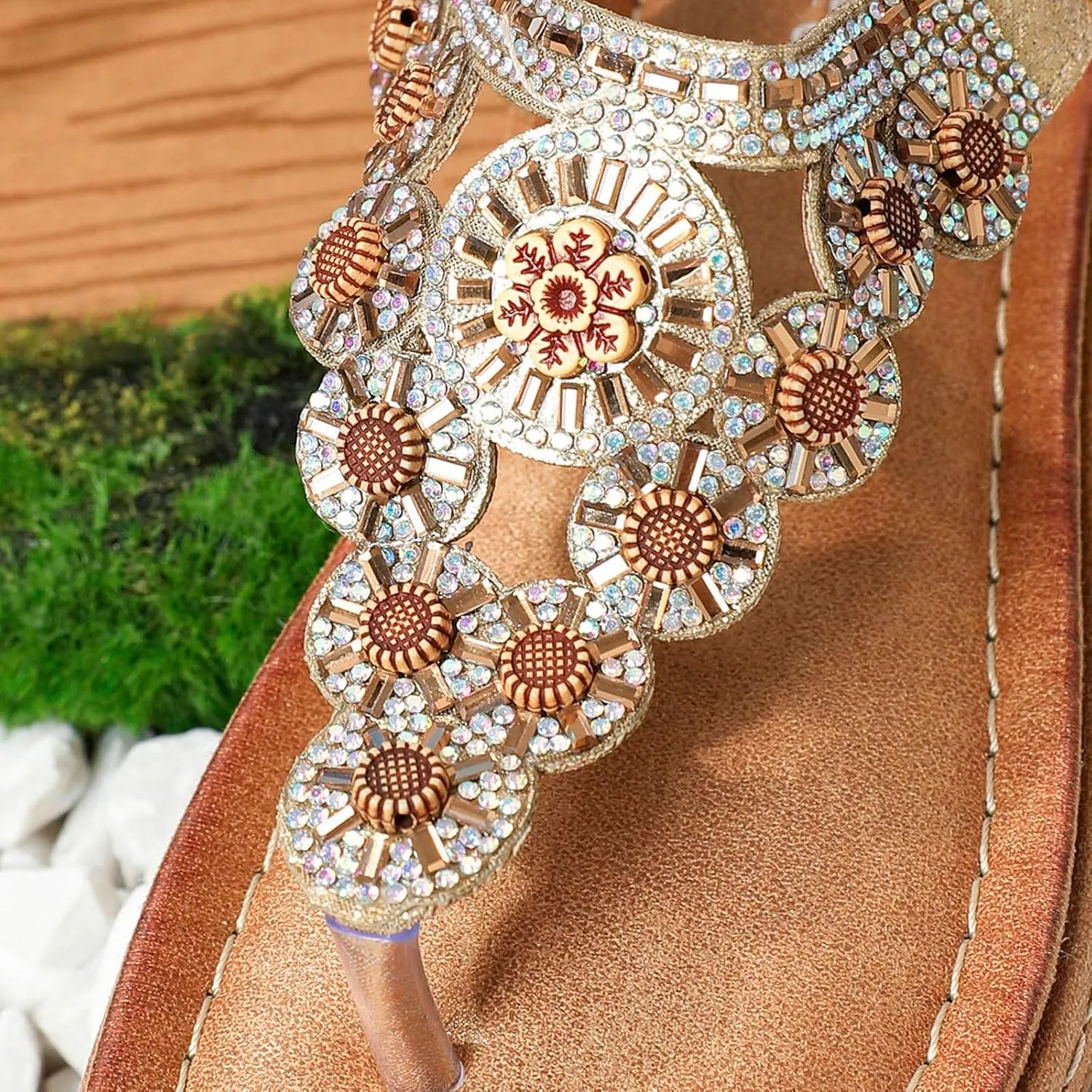 Women's Fashion Sandals Bohemian Sandals Round Toe Wedge Thong Sandals Breathable Rhinestone Sandals for Women