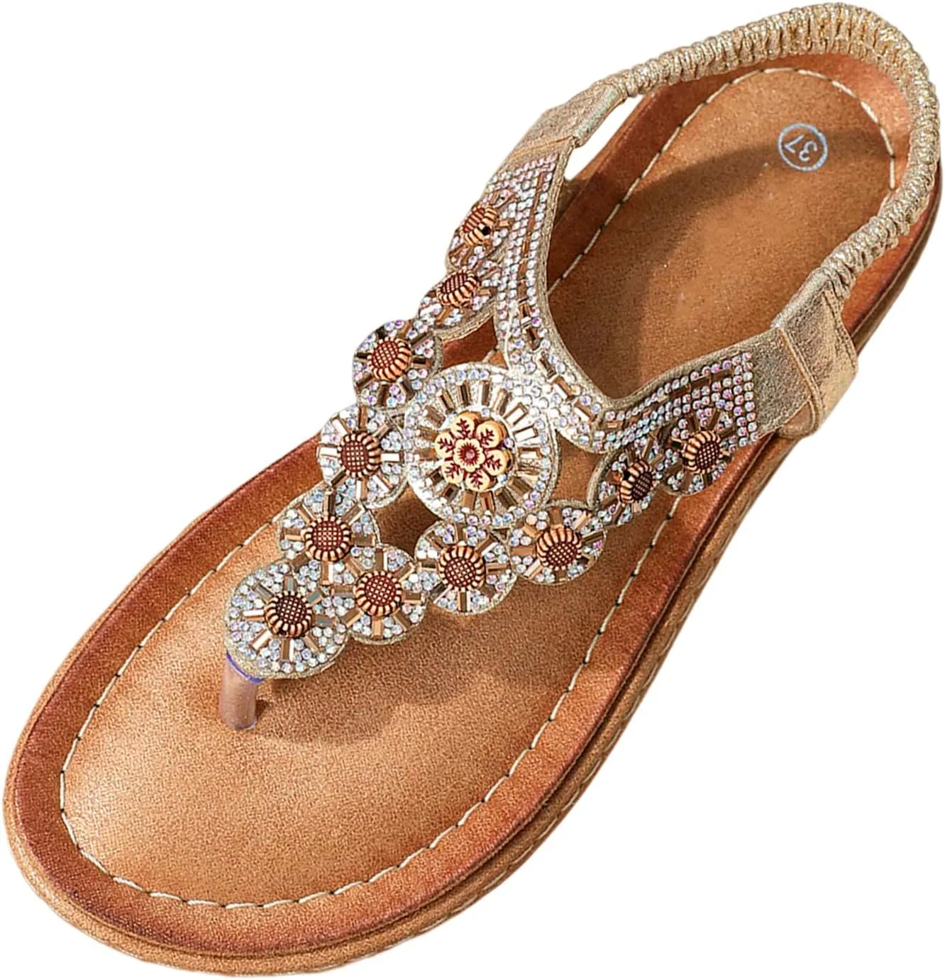 Women's Fashion Sandals Bohemian Sandals Round Toe Wedge Thong Sandals Breathable Rhinestone Sandals for Women
