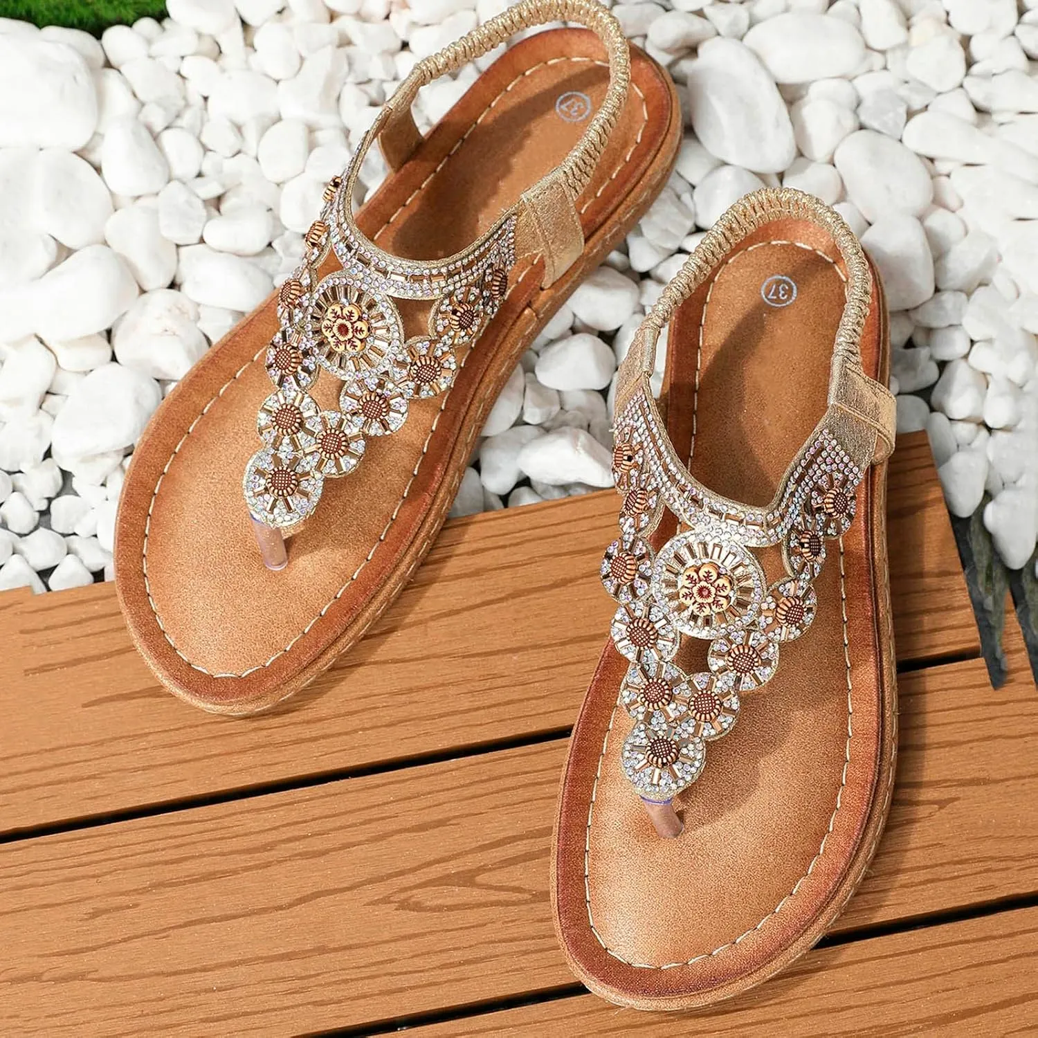 Women's Fashion Sandals Bohemian Sandals Round Toe Wedge Thong Sandals Breathable Rhinestone Sandals for Women