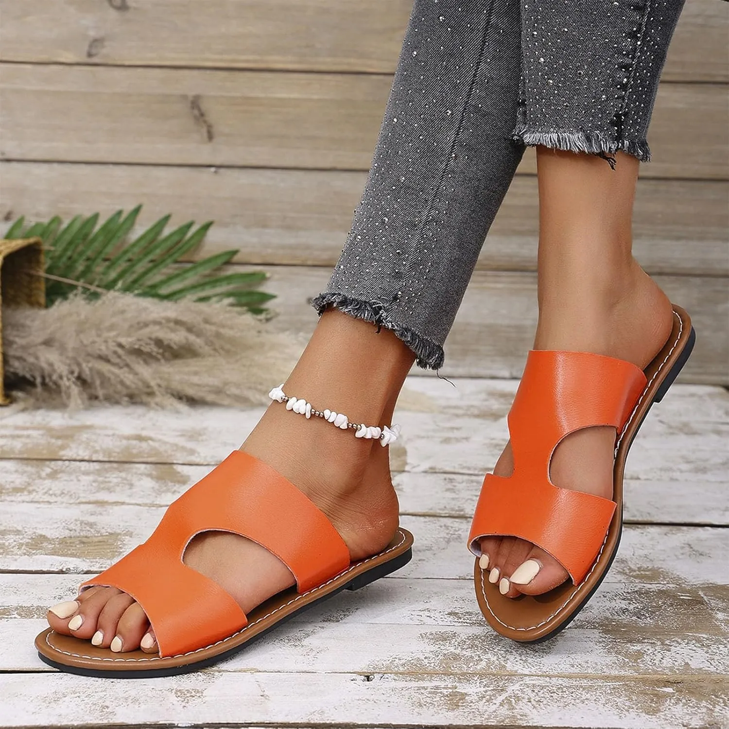 Womens Flats Summer H-Band Slide Sandal Cute Slip On Casual Dressy Flat Sandals Comfort PU Leather Beach Slides 2025