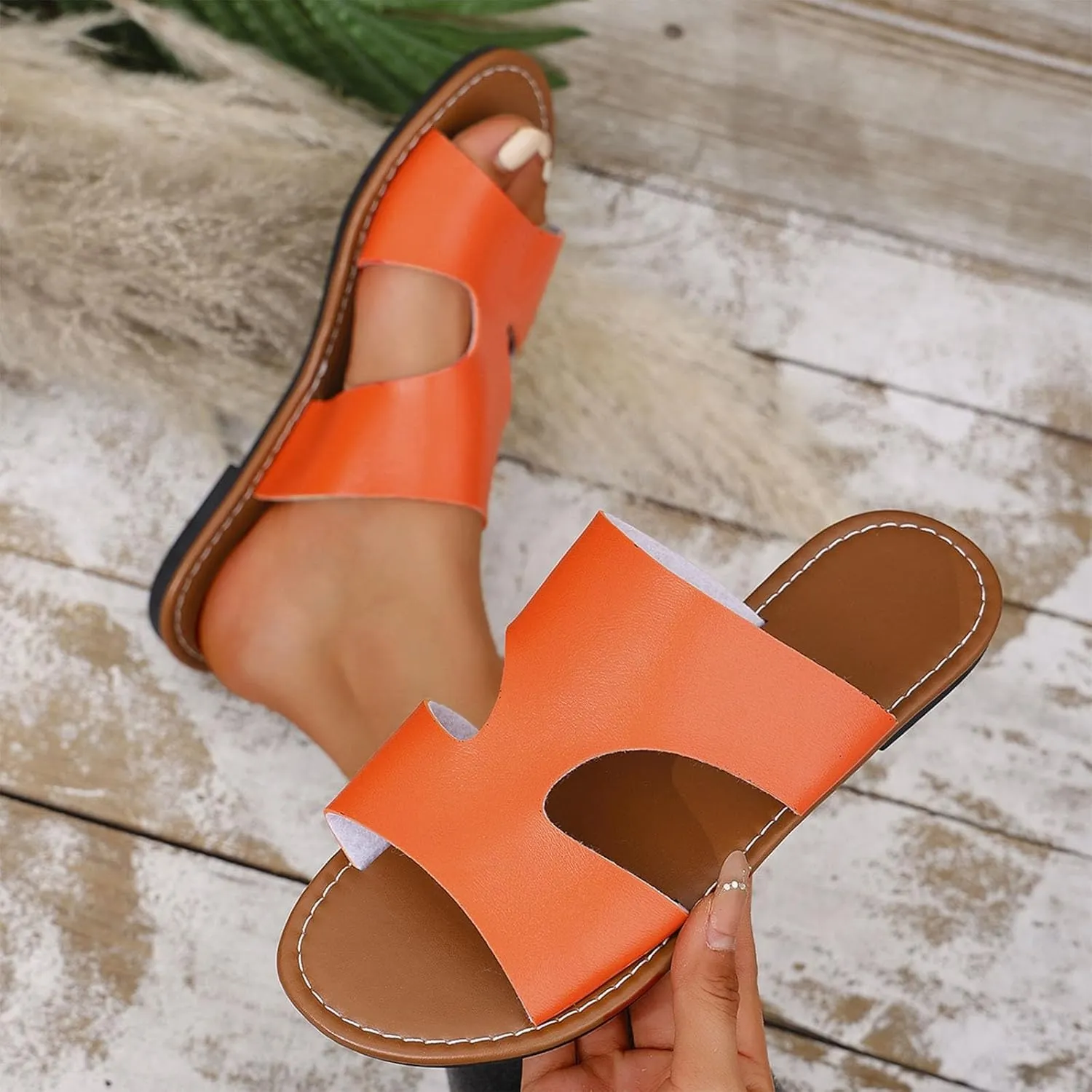 Womens Flats Summer H-Band Slide Sandal Cute Slip On Casual Dressy Flat Sandals Comfort PU Leather Beach Slides 2025