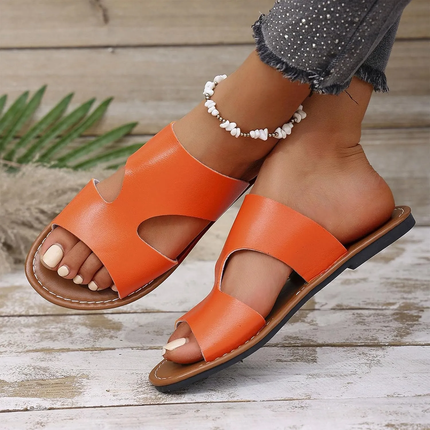 Womens Flats Summer H-Band Slide Sandal Cute Slip On Casual Dressy Flat Sandals Comfort PU Leather Beach Slides 2025