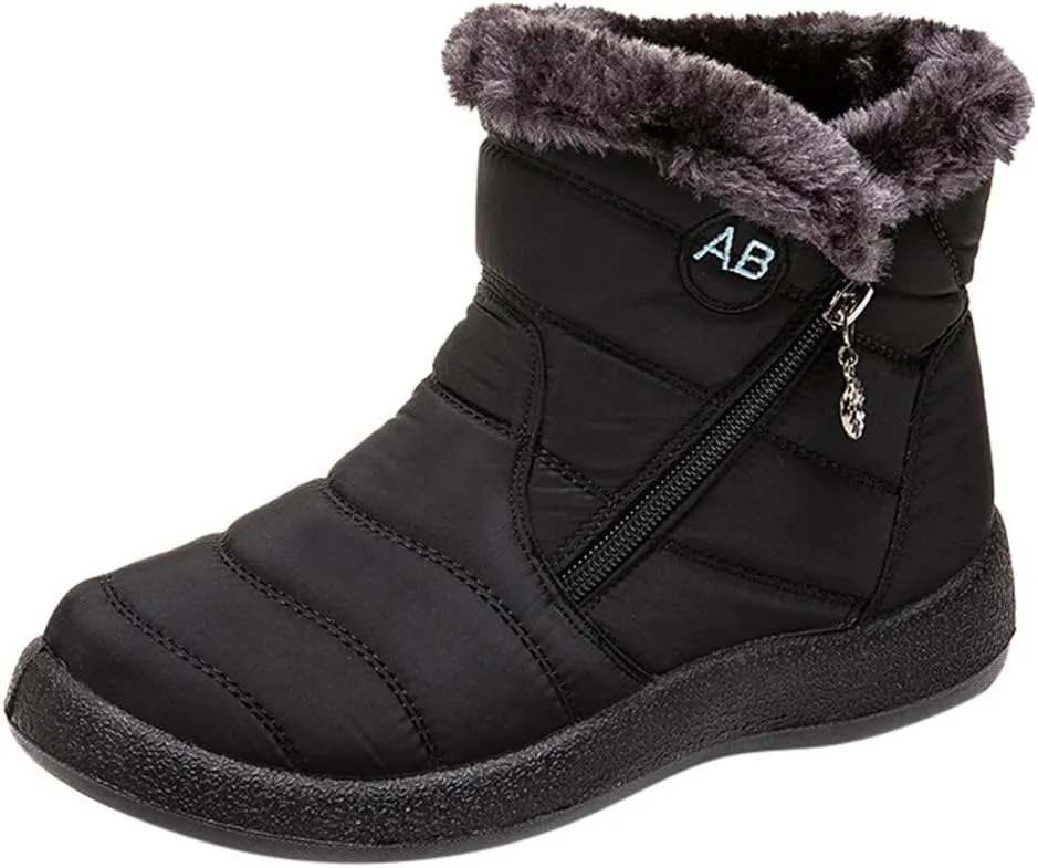 Women's Furry Ankle Booties Fleece Lined Warm Snow Boots Soft Flat Soled Non Slip Womens Mid Calf Boots