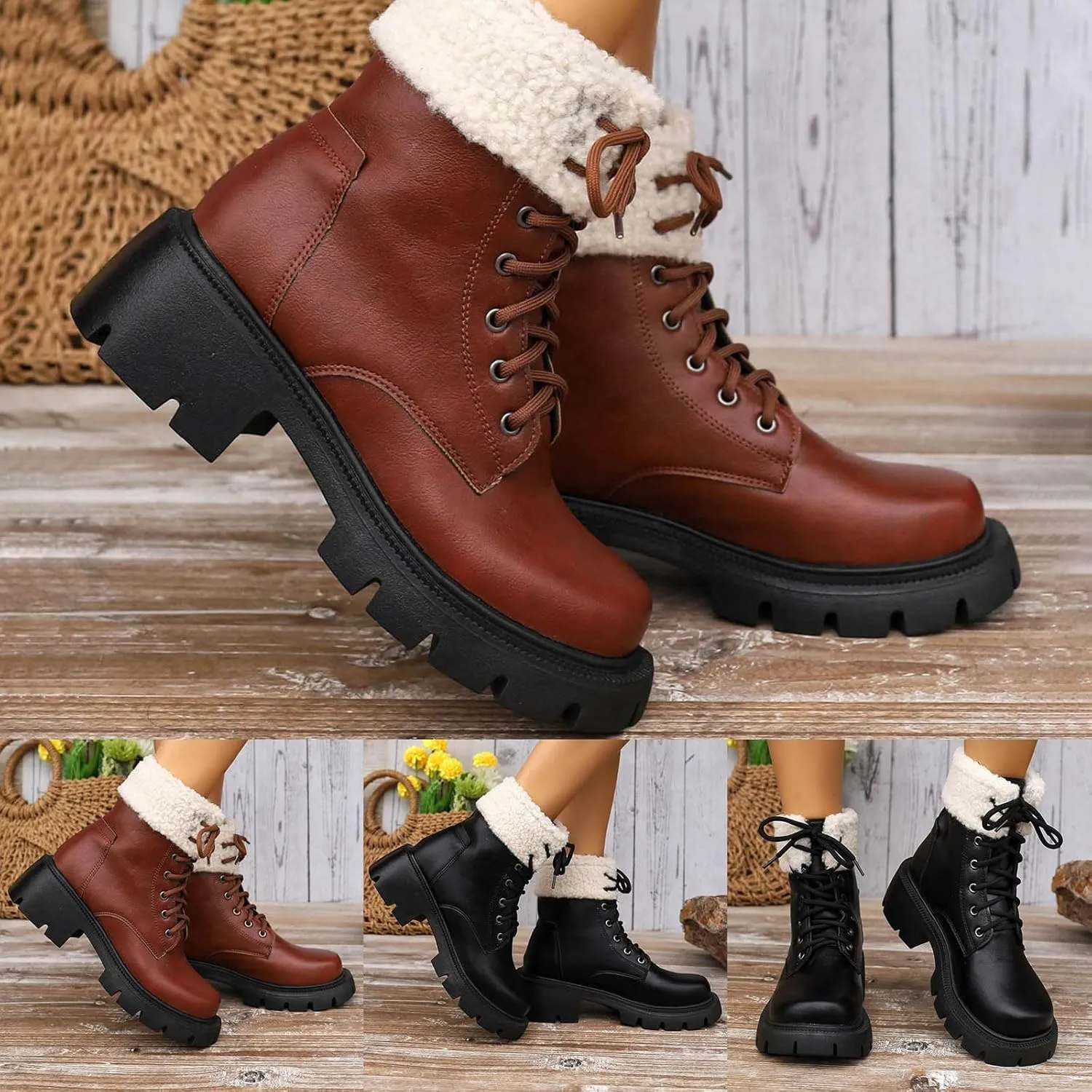 Women's Lace Up Combat Boots Low Heel Ankle Booties Womens Winter Snow Boots Warm Fur Lined Water-resistan Ankle Boots Chunky Block Heel Anti-Slip Leather Boots Platform Lug Sole Chelsea Boots
