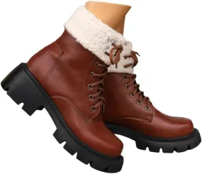 Women's Lace Up Combat Boots Low Heel Ankle Booties Womens Winter Snow Boots Warm Fur Lined Water-resistan Ankle Boots Chunky Block Heel Anti-Slip Leather Boots Platform Lug Sole Chelsea Boots