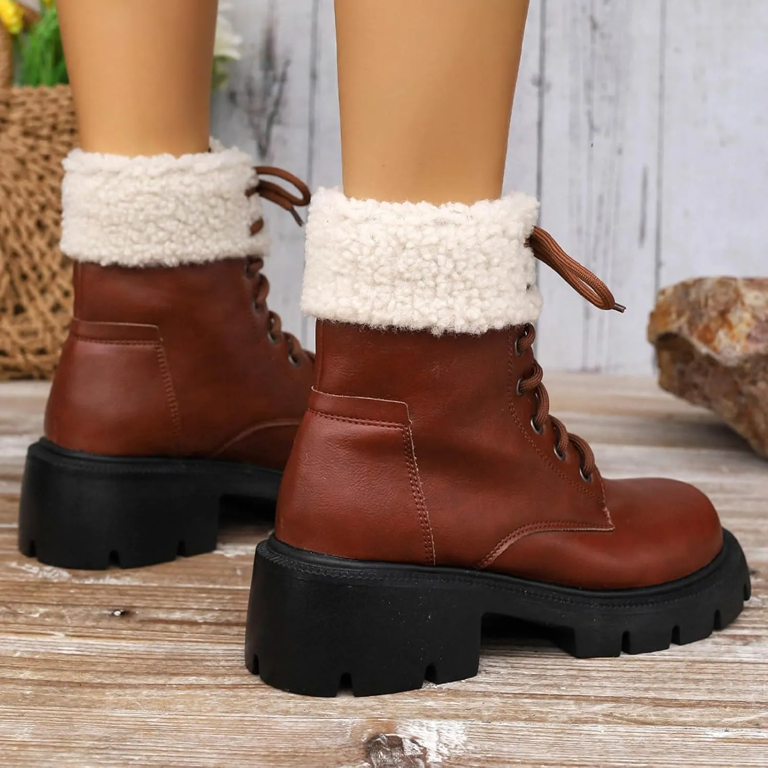 Women's Lace Up Combat Boots Low Heel Ankle Booties Womens Winter Snow Boots Warm Fur Lined Water-resistan Ankle Boots Chunky Block Heel Anti-Slip Leather Boots Platform Lug Sole Chelsea Boots