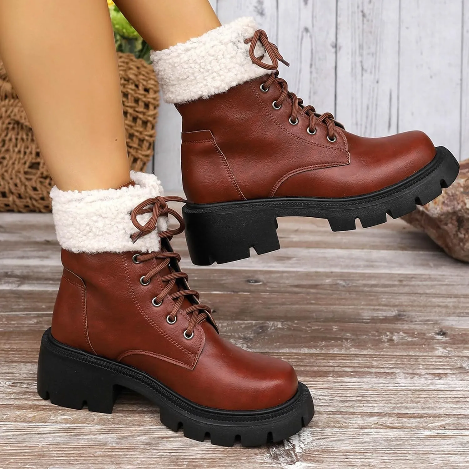 Women's Lace Up Combat Boots Low Heel Ankle Booties Womens Winter Snow Boots Warm Fur Lined Water-resistan Ankle Boots Chunky Block Heel Anti-Slip Leather Boots Platform Lug Sole Chelsea Boots