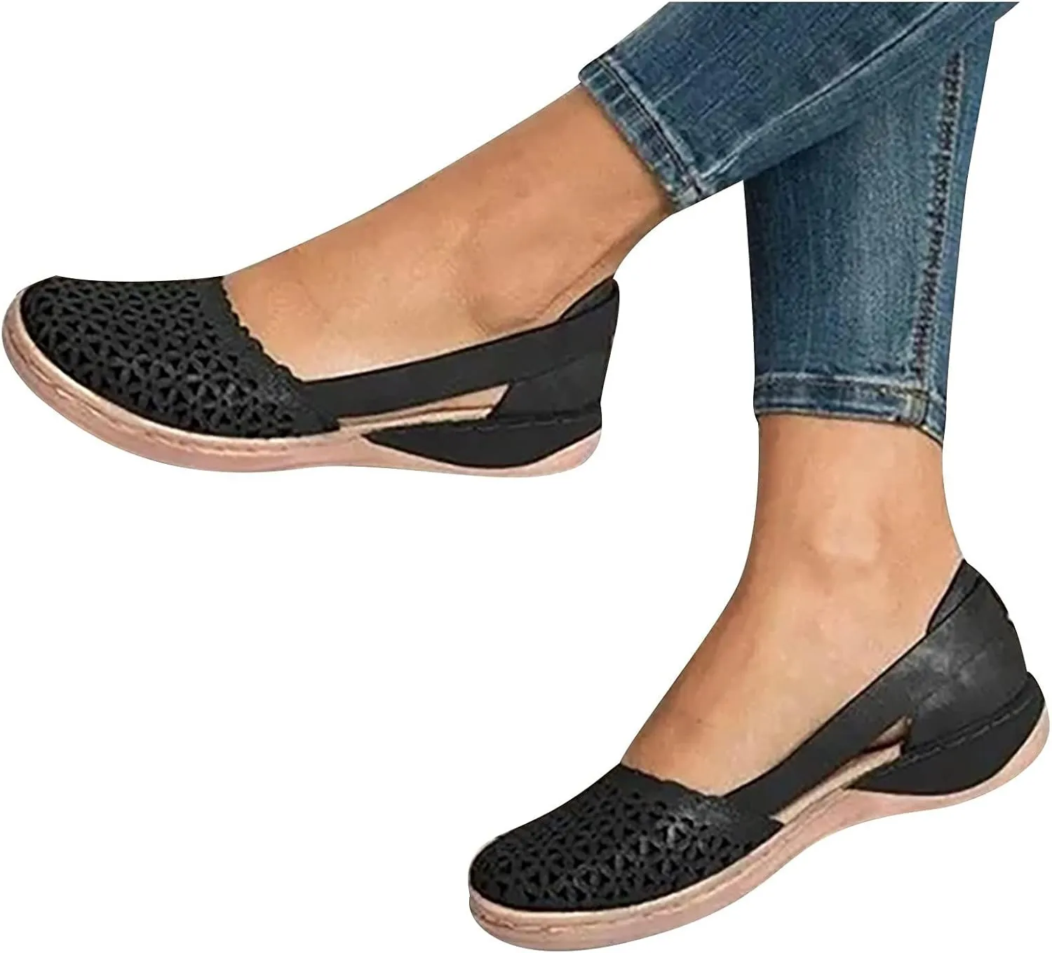 Womens Loafers Wide Dress Sandals Low Heel Hollow Out Wide Round Toe Ballet Flats with Breathable Eyelets