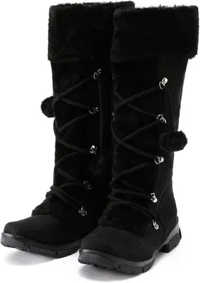 Women's Mid-Calf Winter Snow Boots,Faux Fur Waterproof Knee High Booties Ladies Comfortable Long Tall Boots Anti-Slip Outdoor Shoes Suede Round Toe Chunky Heel Side Zipper Dressy Booties