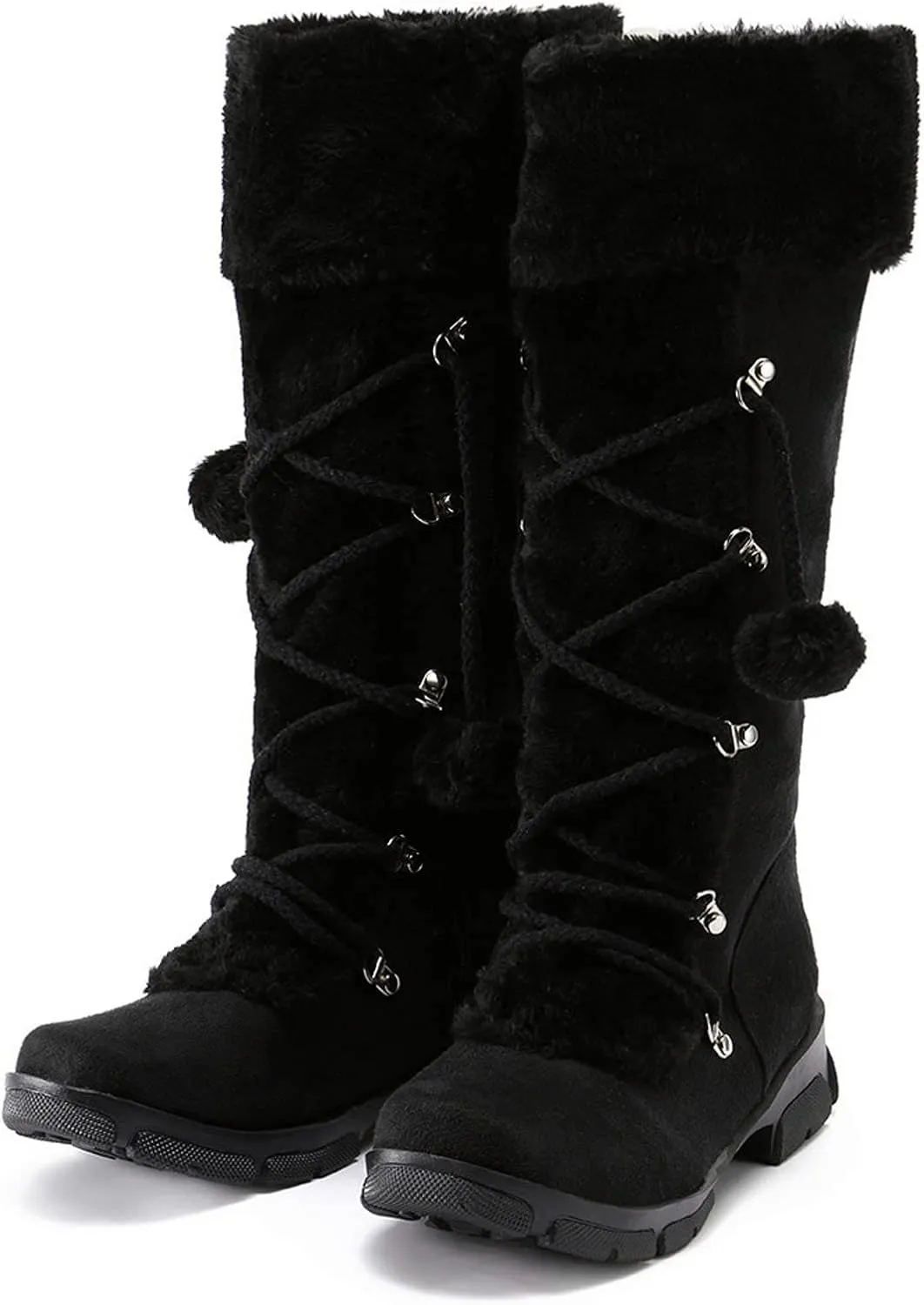 Women's Mid-Calf Winter Snow Boots,Faux Fur Waterproof Knee High Booties Ladies Comfortable Long Tall Boots Anti-Slip Outdoor Shoes Suede Round Toe Chunky Heel Side Zipper Dressy Booties