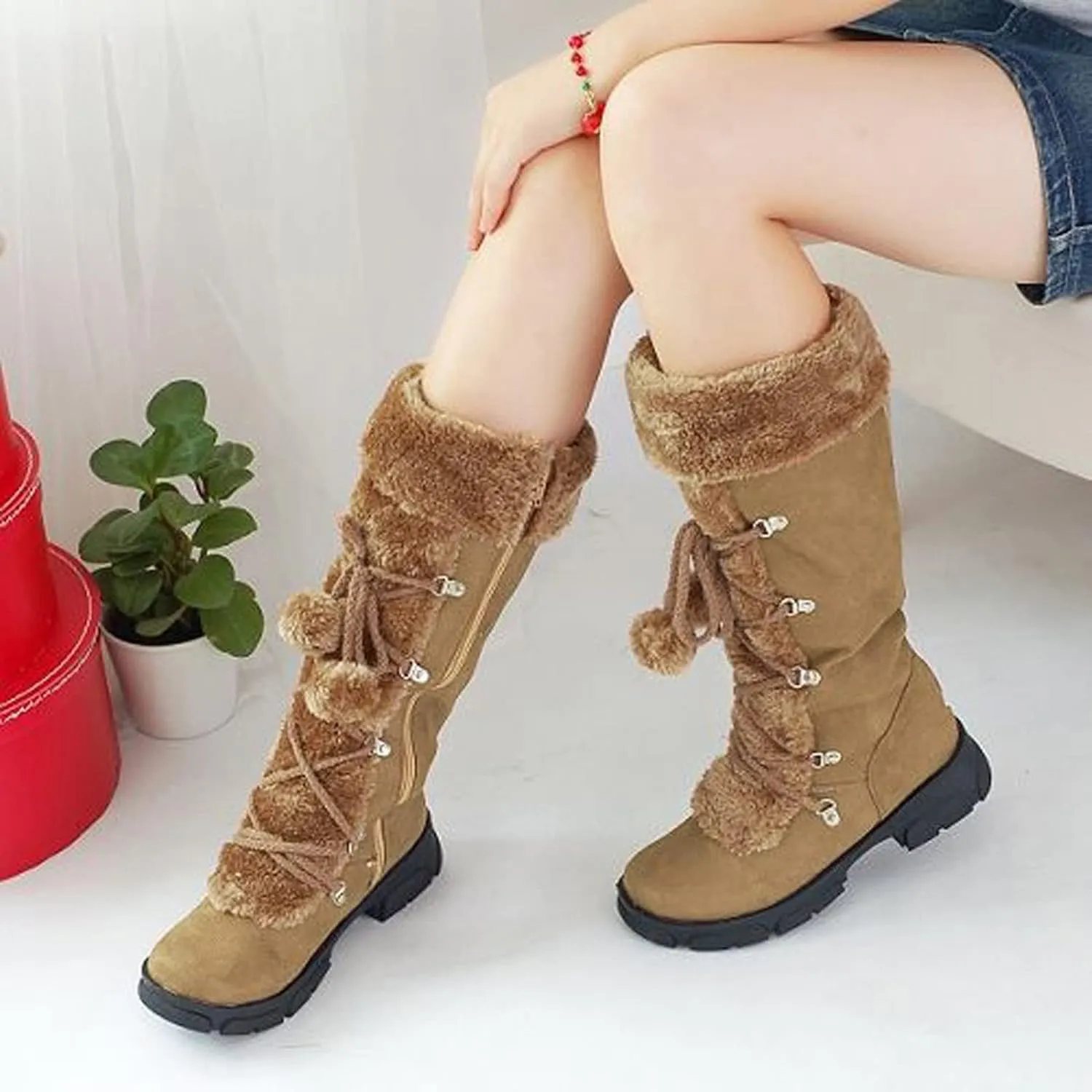 Women's Mid-Calf Winter Snow Boots,Faux Fur Waterproof Knee High Booties Ladies Comfortable Long Tall Boots Anti-Slip Outdoor Shoes Suede Round Toe Chunky Heel Side Zipper Dressy Booties