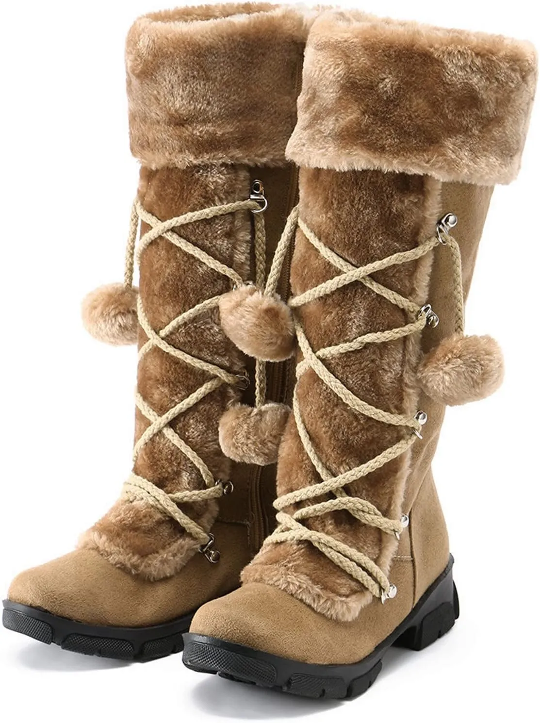 Women's Mid-Calf Winter Snow Boots,Faux Fur Waterproof Knee High Booties Ladies Comfortable Long Tall Boots Anti-Slip Outdoor Shoes Suede Round Toe Chunky Heel Side Zipper Dressy Booties