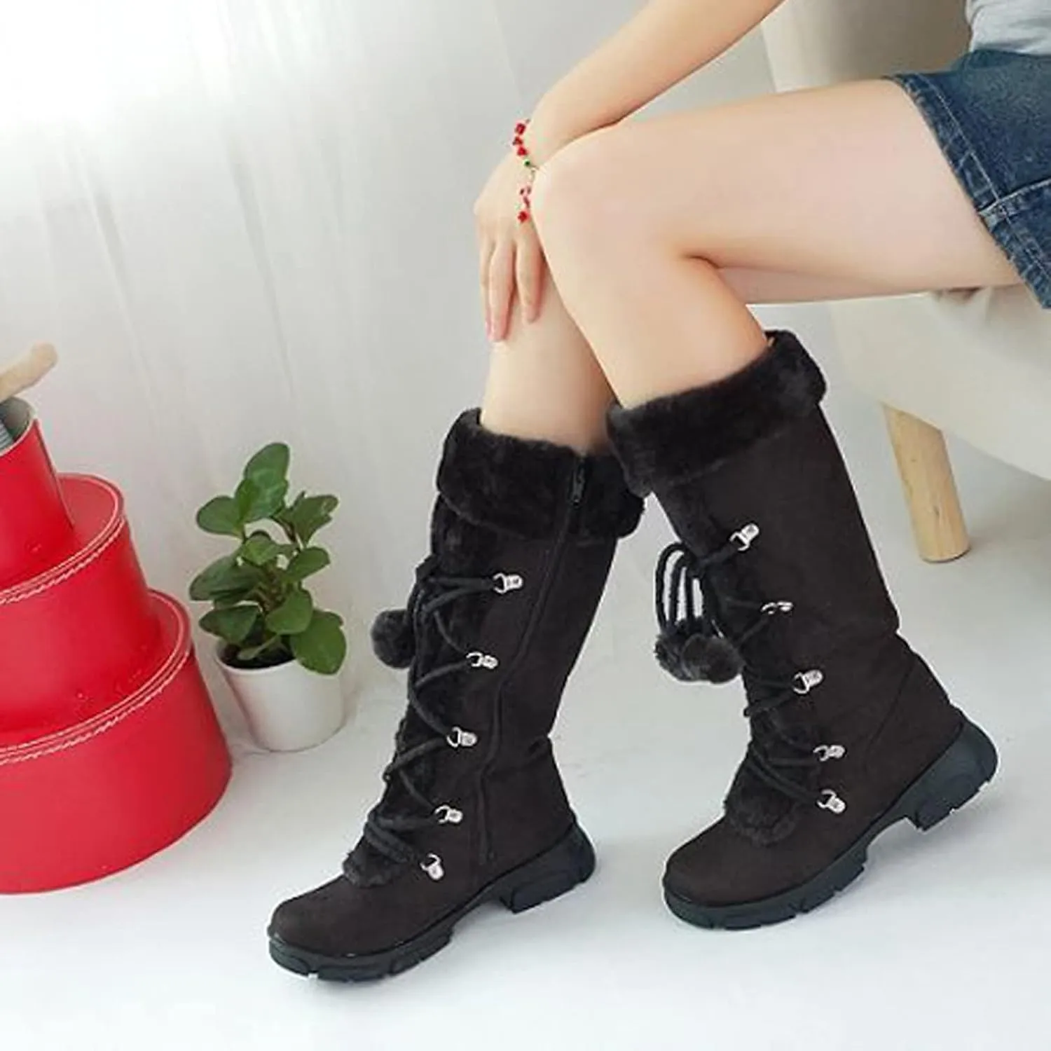 Women's Mid-Calf Winter Snow Boots,Faux Fur Waterproof Knee High Booties Ladies Comfortable Long Tall Boots Anti-Slip Outdoor Shoes Suede Round Toe Chunky Heel Side Zipper Dressy Booties