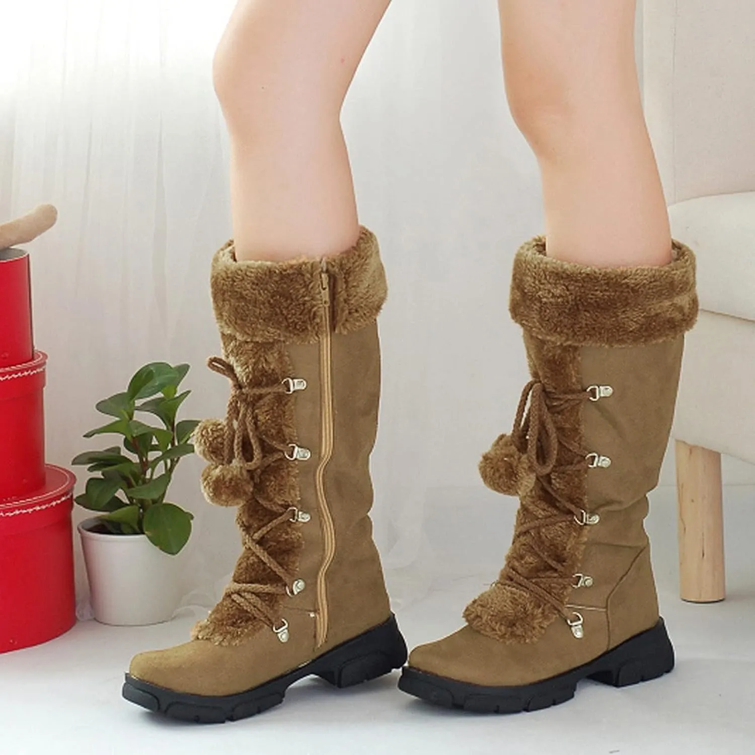 Women's Mid-Calf Winter Snow Boots,Faux Fur Waterproof Knee High Booties Ladies Comfortable Long Tall Boots Anti-Slip Outdoor Shoes Suede Round Toe Chunky Heel Side Zipper Dressy Booties