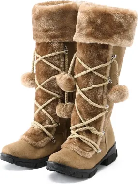 Women's Mid-Calf Winter Snow Boots,Faux Fur Waterproof Knee High Booties Ladies Comfortable Long Tall Boots Anti-Slip Outdoor Shoes Suede Round Toe Chunky Heel Side Zipper Dressy Booties