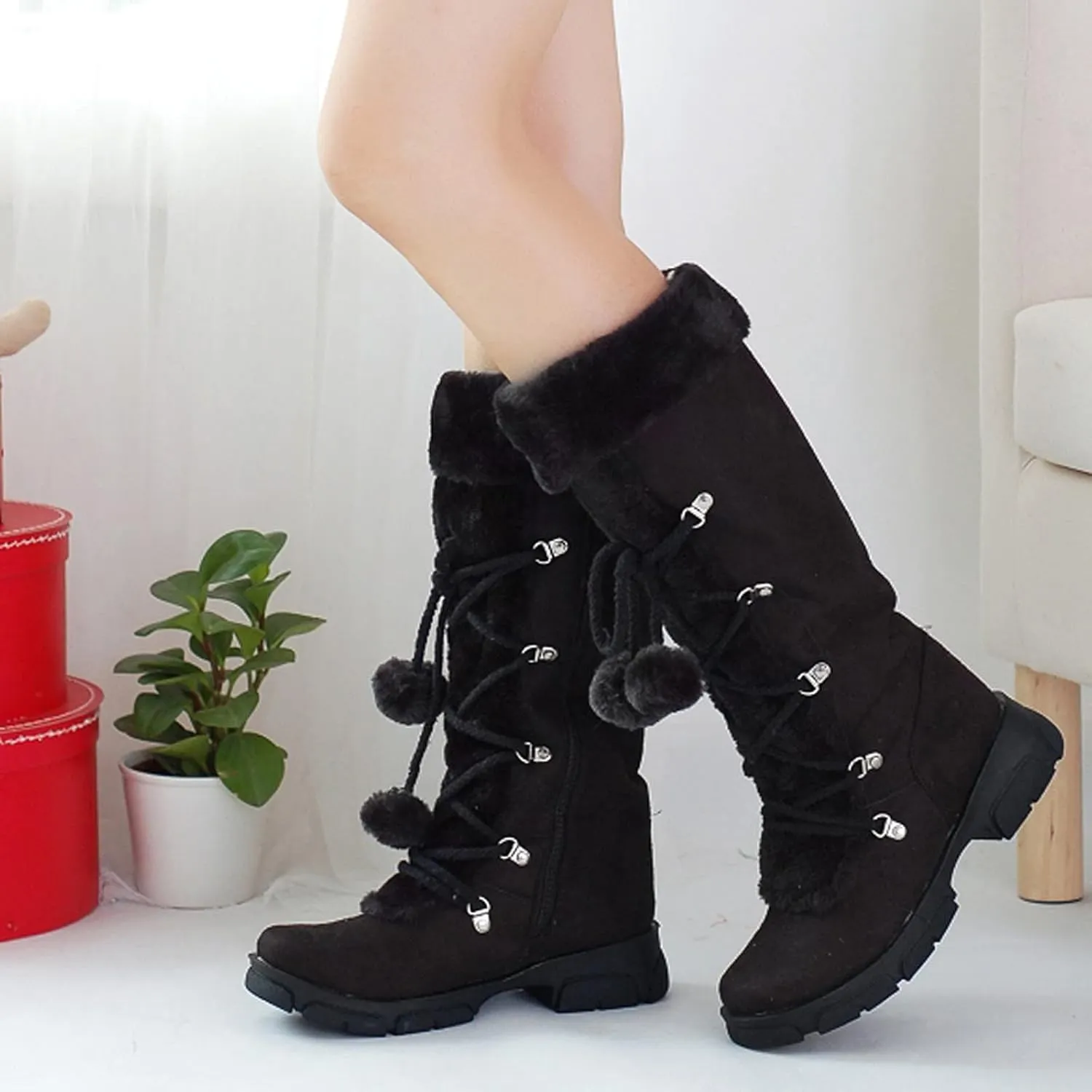 Women's Mid-Calf Winter Snow Boots,Faux Fur Waterproof Knee High Booties Ladies Comfortable Long Tall Boots Anti-Slip Outdoor Shoes Suede Round Toe Chunky Heel Side Zipper Dressy Booties