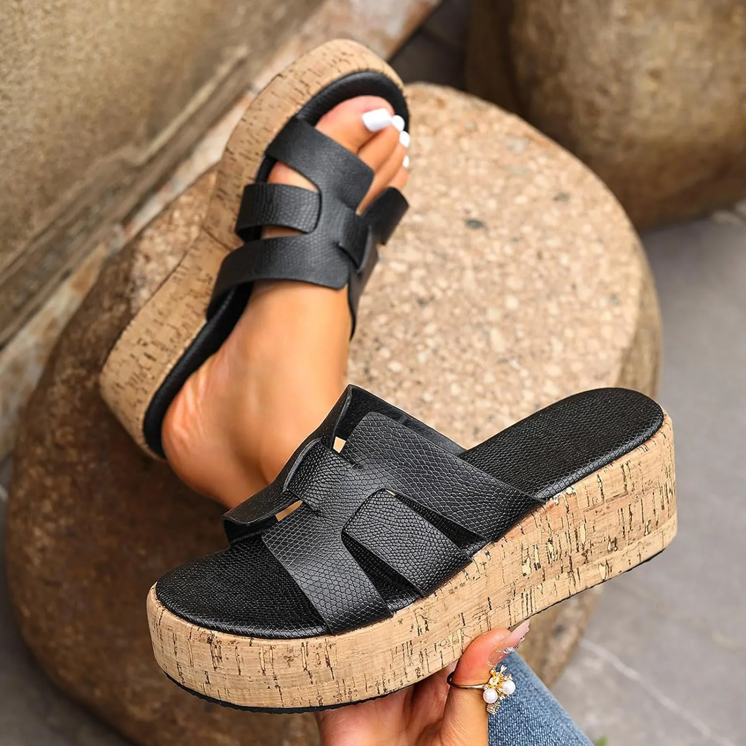Women's Open Toe Platform Wedge Sandals Versatile Slip Ons For Women Platform Shoes Thick Soled Open Toe Sandals