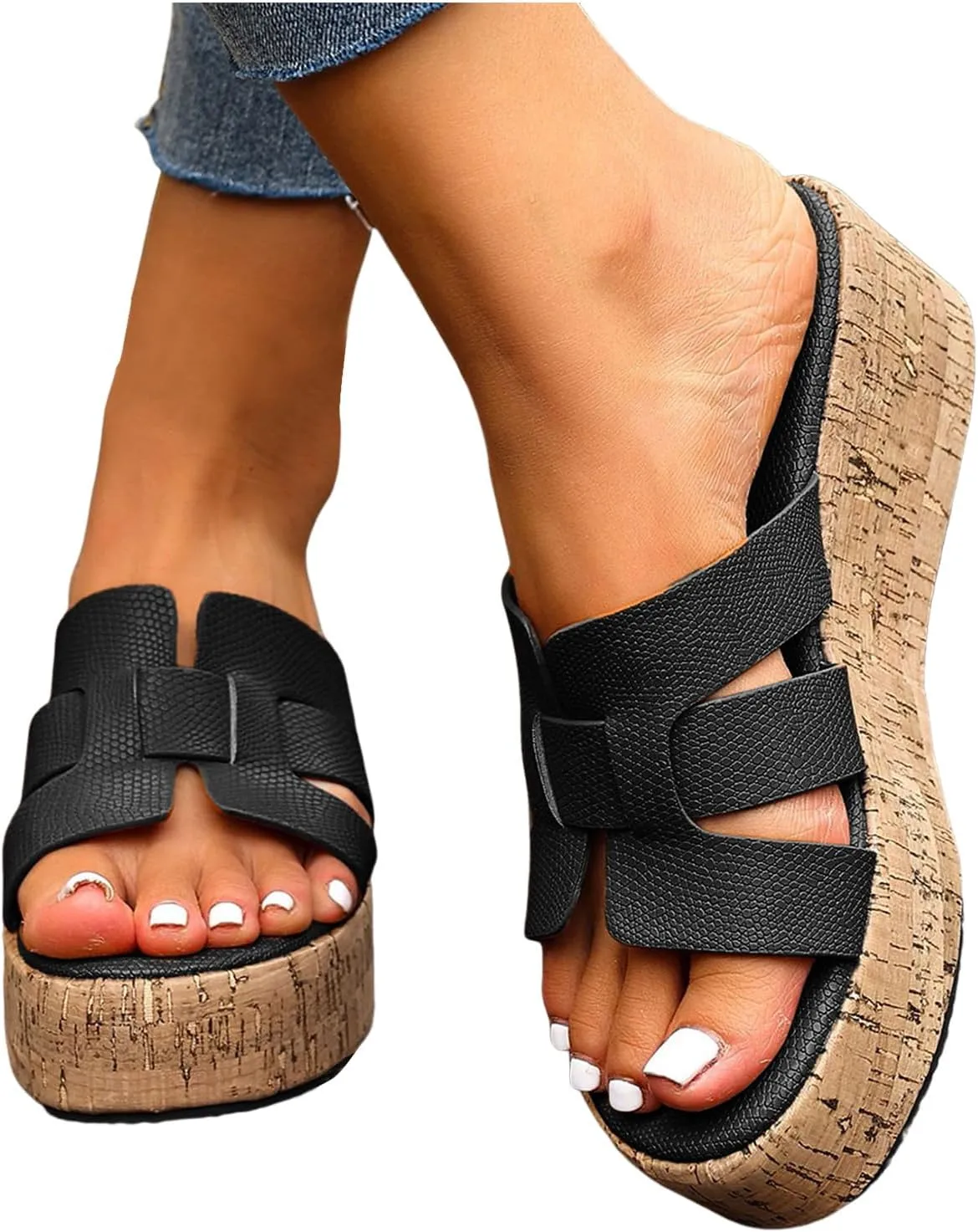 Women's Open Toe Platform Wedge Sandals Versatile Slip Ons For Women Platform Shoes Thick Soled Open Toe Sandals