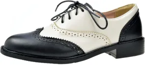 Womens Oxfords Black and White Wingtip Chunky Heeled Patent Leather Vintage Brogue Lace Up Two Tone Saddle Shoes