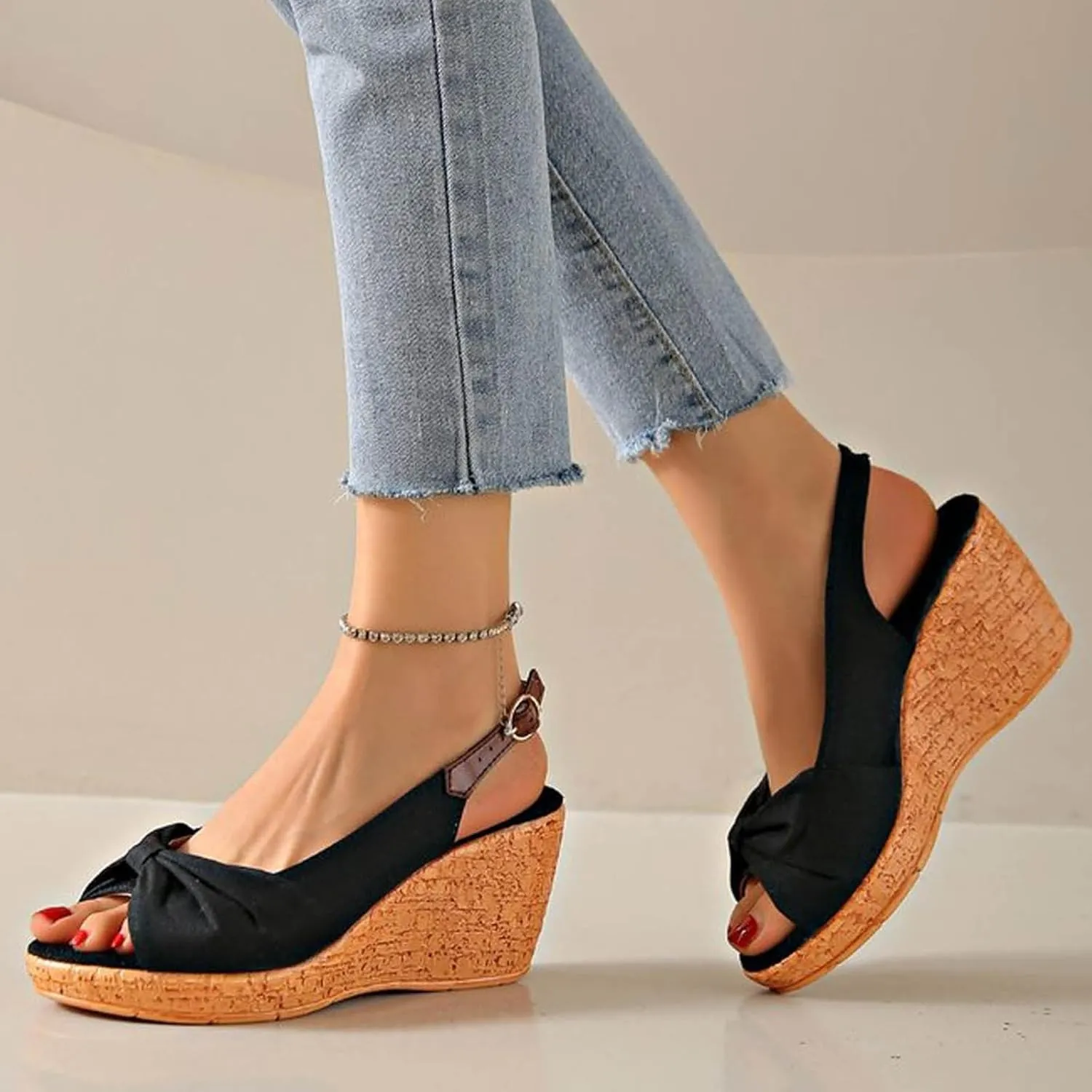 Women's Platform Wedge Sandals Comfortable Orthopedic Sandals Casual Elastic Ankle Strap Platform Sandals