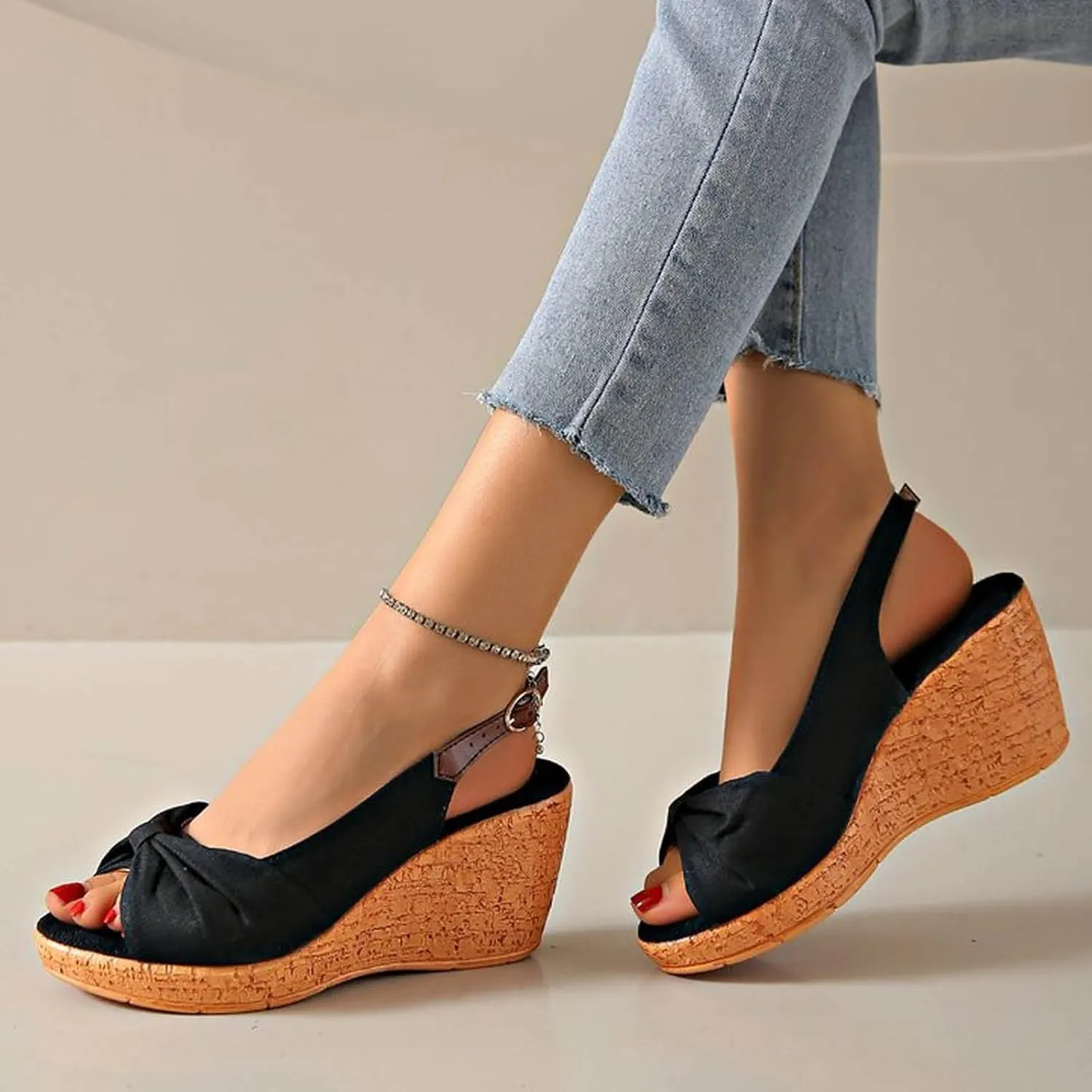 Women's Platform Wedge Sandals Comfortable Orthopedic Sandals Casual Elastic Ankle Strap Platform Sandals