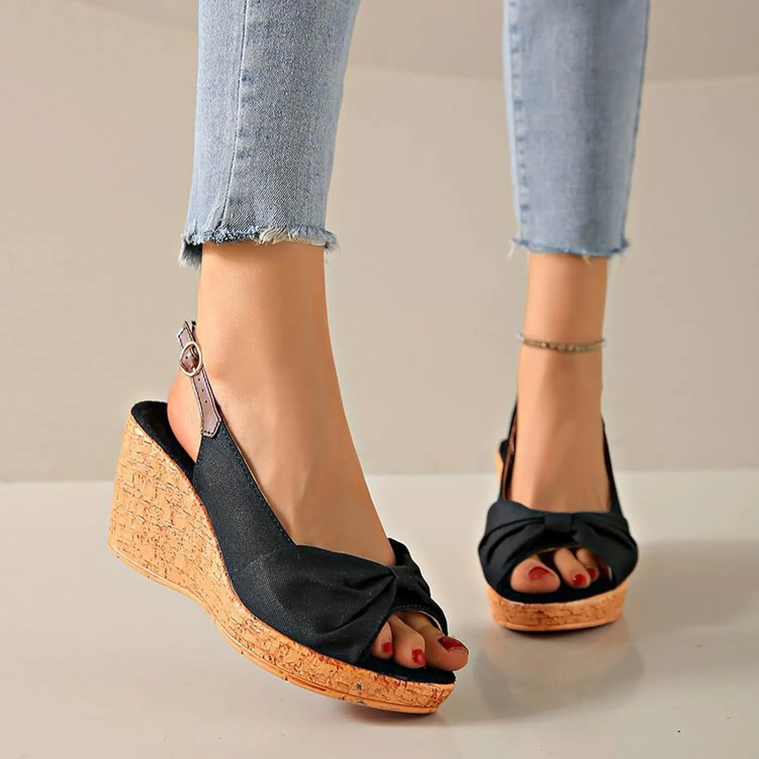 Women's Platform Wedge Sandals Comfortable Orthopedic Sandals Casual Elastic Ankle Strap Platform Sandals
